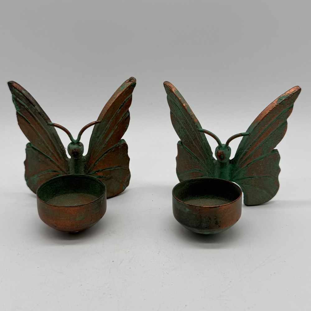 Vintage 90s TAG Cast Iron Verdigris Butterfly Tealight Candle Holders Pair of 2